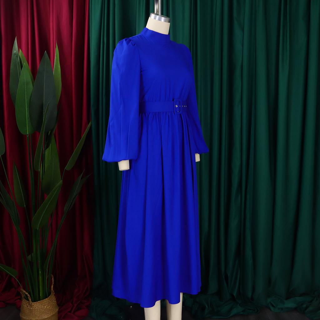 YYFS Moda damă primăvară toamnă imprimeu culoare uni cu mâneci lungi pe jumătate cu gât rotic cu talie înaltă rochii casual