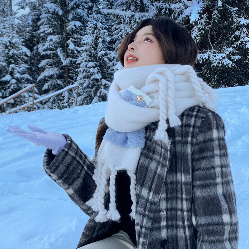 Fixed Dyeing Haze Blue~ Premium Hair Sensing Pocket Scarf Women's Winter Wool Shawl Thickened Plush Scarf