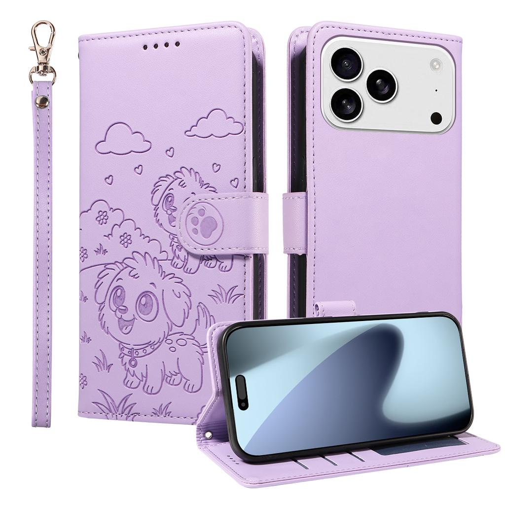 For iPhone 17 Pro Case RFID Blocking Imprinted Dog Pattern PU Leather Phone Cover with Wrist Strap