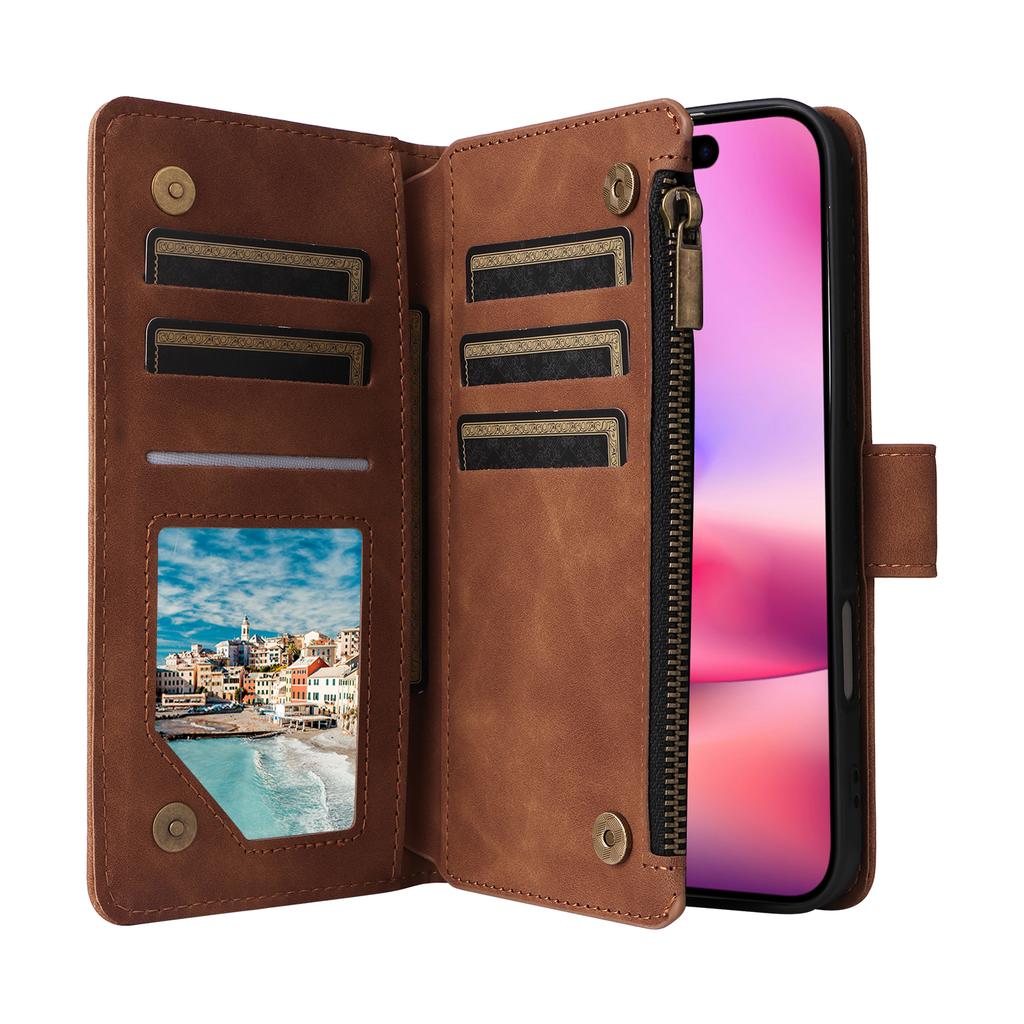 For iPhone 17 Case Zipper Wallet Multiple Card Slots Leather Phone Cover with Wrist Strap