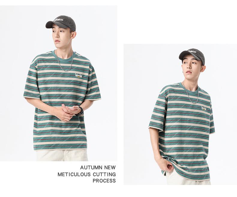 Men's Loose Fit Striped Cotton Crew Neck T-Shirt with Embroidery