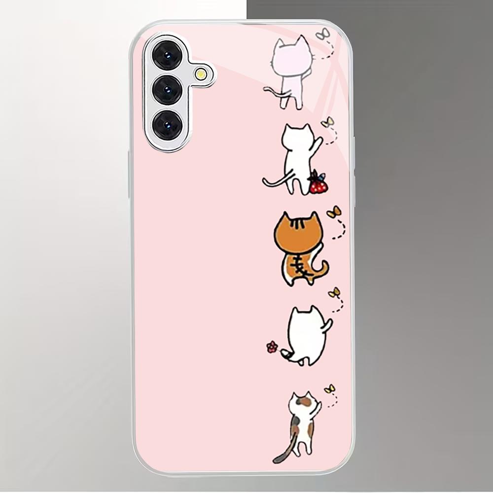 Cute Cat Silver Plated Glass Phone Case Suitable for Samsung Galaxy S26 S25 S24 S22 S21 S20 FE/Ultra/Plus Anti Fall Back Cover