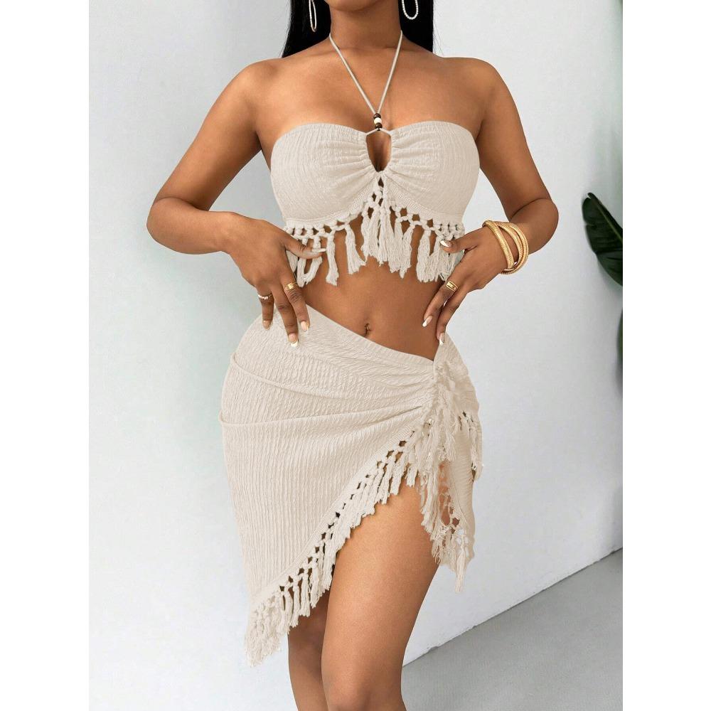 

Новый европейский и американский бикини с вырезом на шее и юбкой, сексуальный купальник с бахромой M