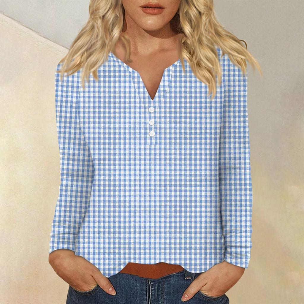 Women's Fashion Casual Printed V-neck Long Sleeve Button Up T-shirt Top