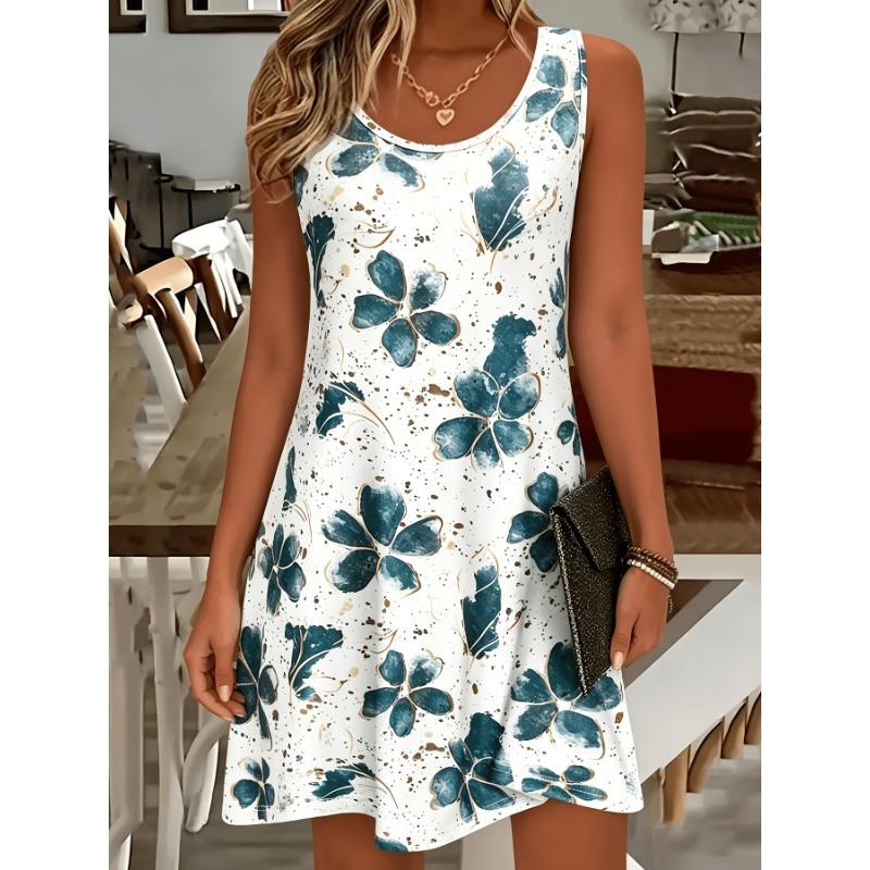 [Limited Edition] Summer Women S Fashion Floral Print Sleeveless Dress Round Neck Pocket Casual Dress Women S Clothing S