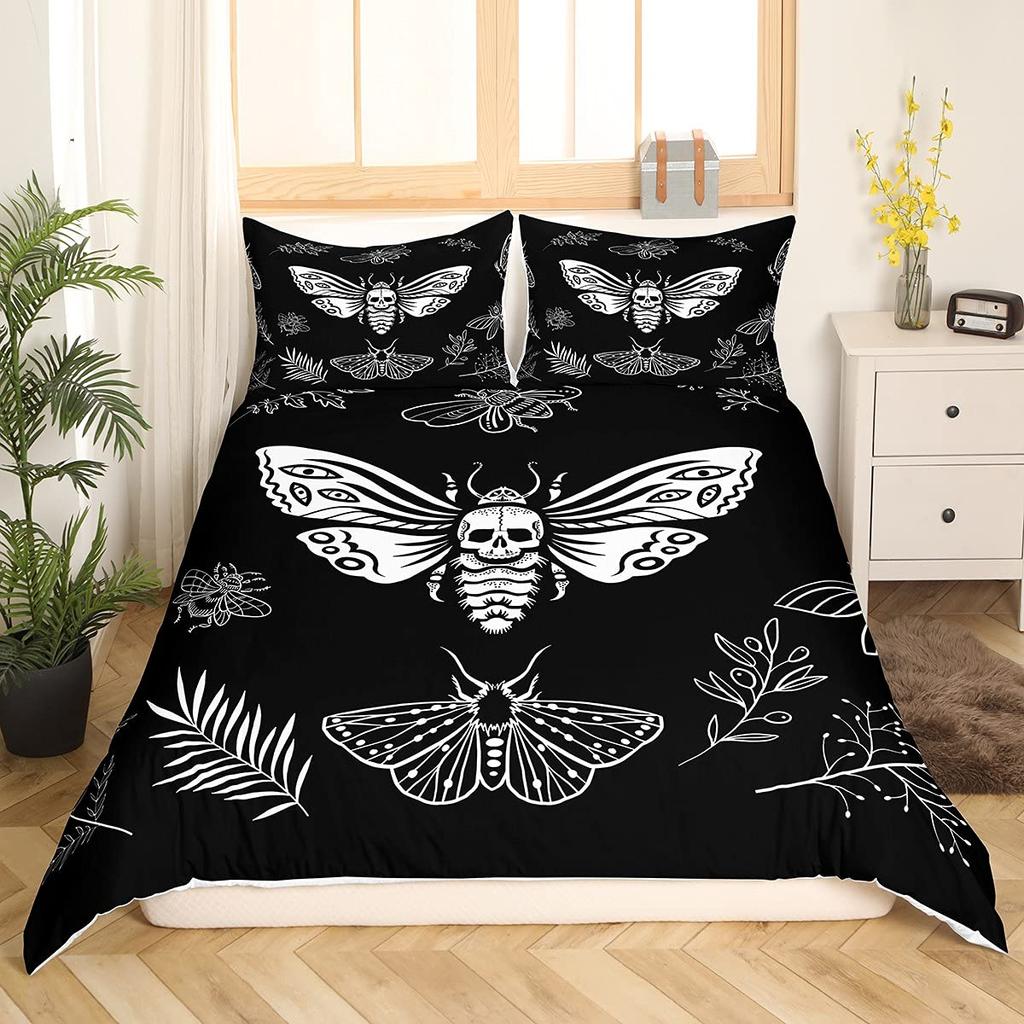 Black Death Moth Duvet Cover Set Gothic Skull Bedding Set Butterfly Bedclothes Moon Stars Polyester Quilt Cover for Kids Teens