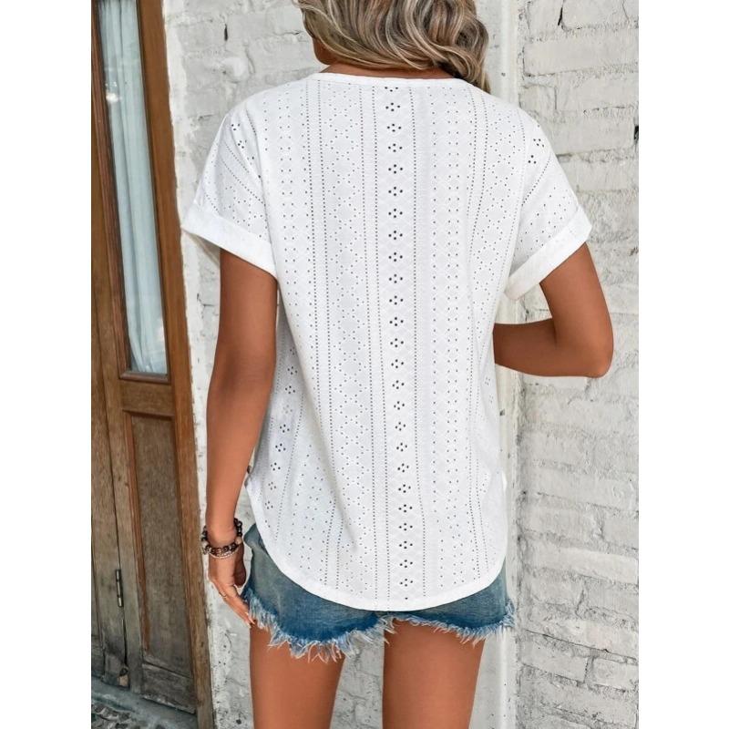 Fashion Casual Bat Short Sleeves Hollow Blouse Women O Neck Loose Summer T Shirts Female Office Tops Sweet Embroidery Solid Color Elegant Clothing