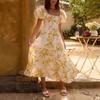 Summer hot-selling square-necked bubble-sleeved printed long dress, big swing, waist and thin dating dress