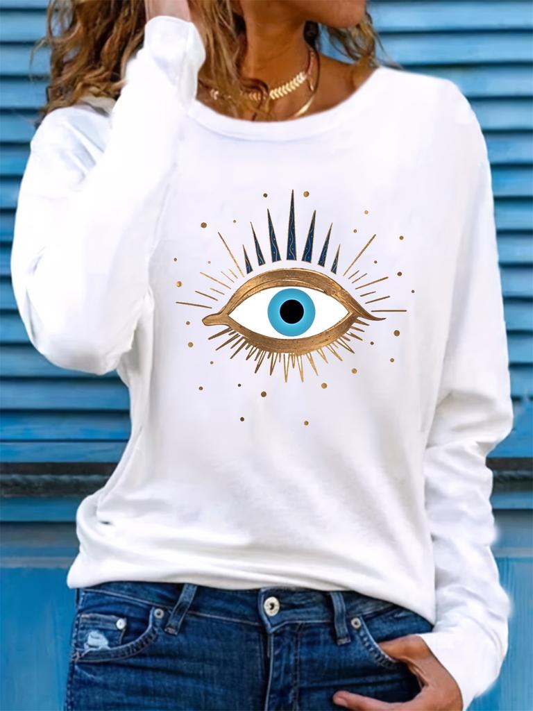 100% reines Polyester Damen Frühling und Herbst lockeres bequemes Augenmuster bedrucktes Langarm Rundhals T-Shirt