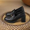 Sheepskin 7.5cm Heel Retro Camellia Loafers: Chunky Heel Black Leather Slip-On Shoes