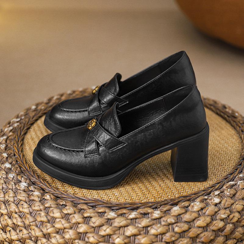 Sheepskin 7.5cm Heel Retro Camellia Loafers: Chunky Heel Black Leather Slip-On Shoes