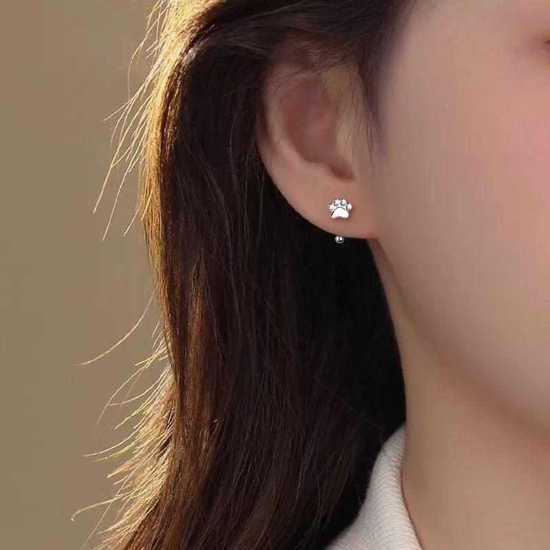 S925 Silver Cat Paw Screw Ear Hook Earrings for Women - Trendy 2025 Design