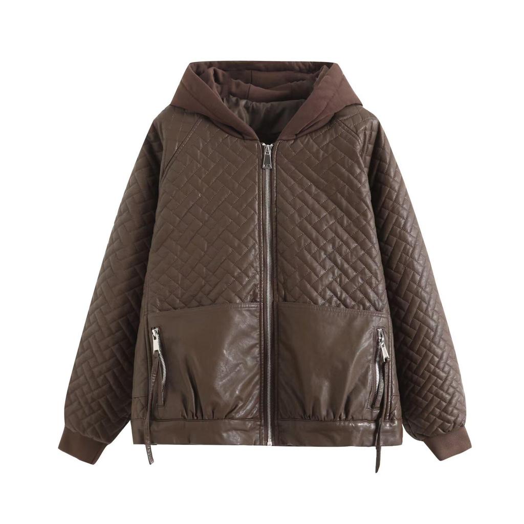 2024 Autumn Women's European & American Style Hooded Faux Leather Long Sleeve Loose Jacket