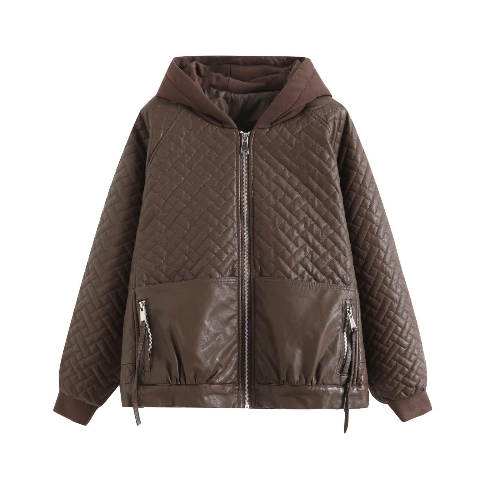 

2024 Осень Женская Европейский и Американский Стиль Худи из Искусственной Кожи с Длинным Рукавом Свободная Куртка One Size