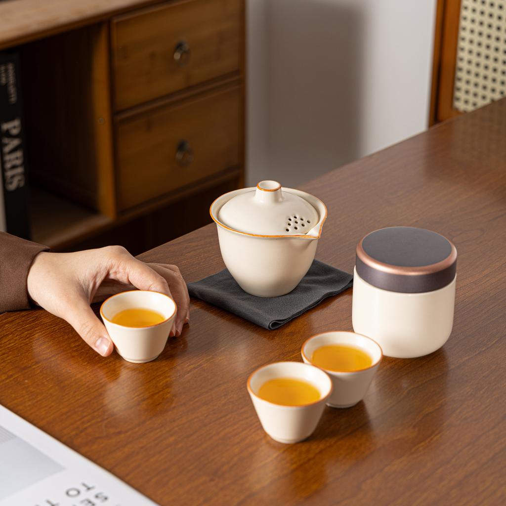 Ceramic travel tea set, outdoor portable Kung Fu tea, Ru kiln Kuaike cup, a complete set of business souvenirs
