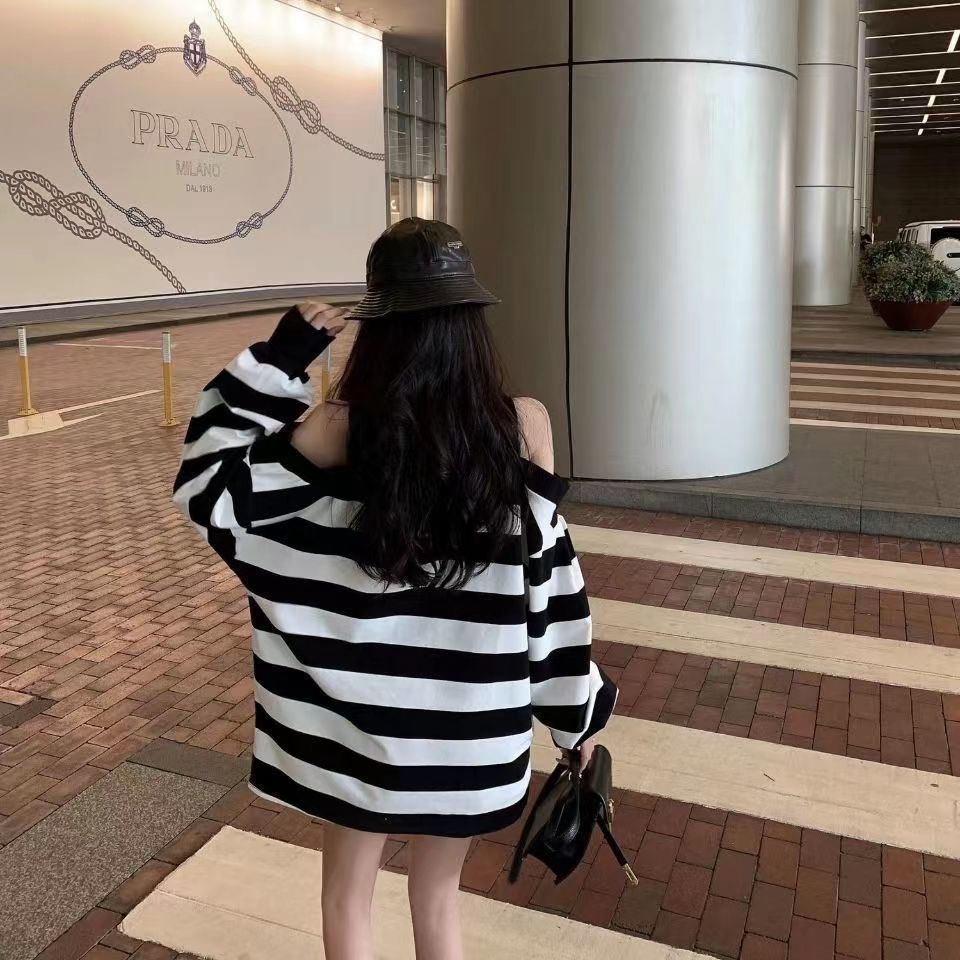 Women New Striped Sweatshirt Loose and Slim Lantern Sleeves Off-shoulder Mid-length Popular on the Street Sweatshirts