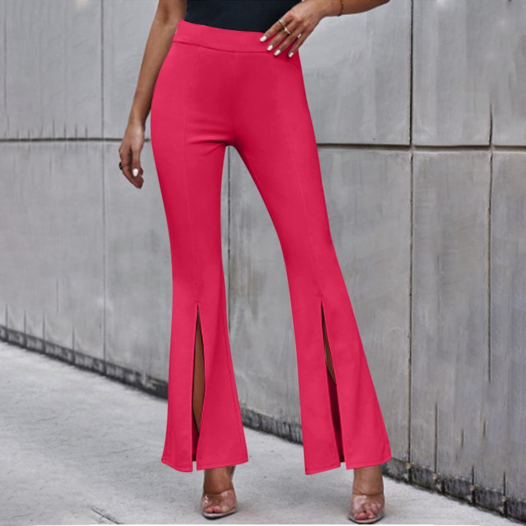 Women's Fashion Color Hem Split High Waist Casual Flare Pants