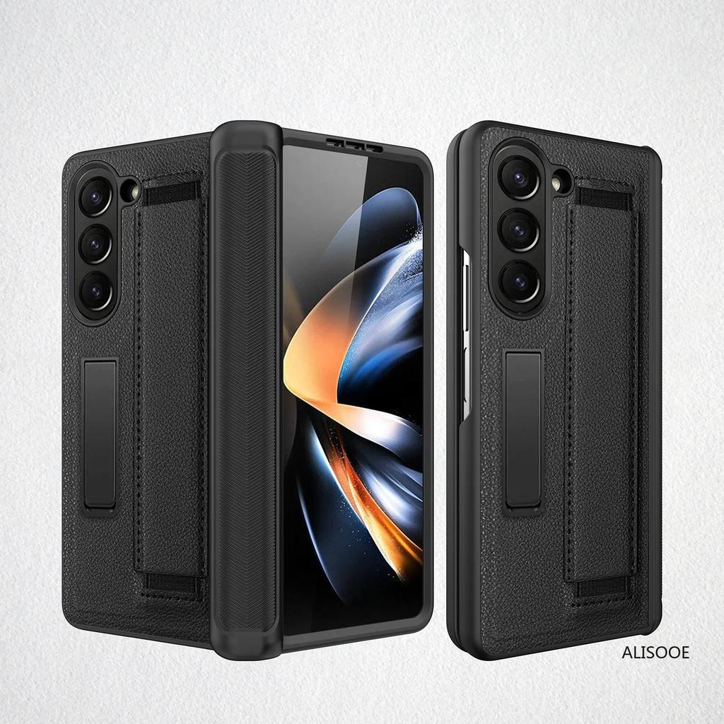 Z Fold 7 6 5 4 Hinge Case for Samsung Galaxy Z Fold 7 6 5 4 Case Wristband Front Glass Wrist Strap Stand Protect Cover Funda