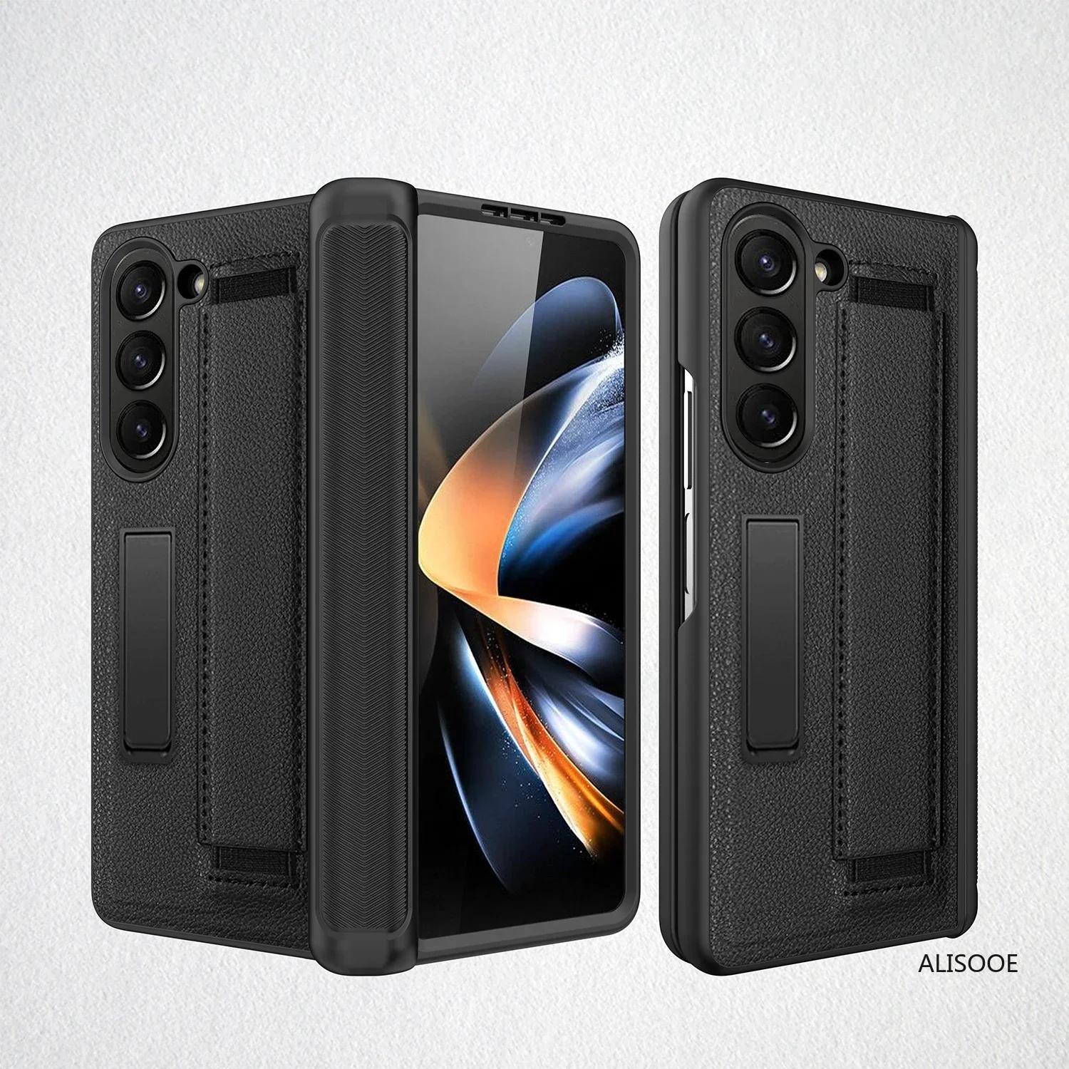 

Z Fold 7 6 5 4 Hinge Case for Samsung Galaxy Z Fold 7 6 5 4 Case Wristband Front Glass Wrist Strap Stand Protect Cover Funda for Galaxy Z Fold 7 чёрный