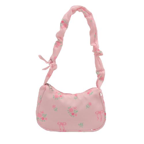 Women's Bags 2026 Summer Canvas Pleated Handbags Armpit Bag Korean Floral Bow Printed Zipper Tote Bag Female Small Shoulder Bag