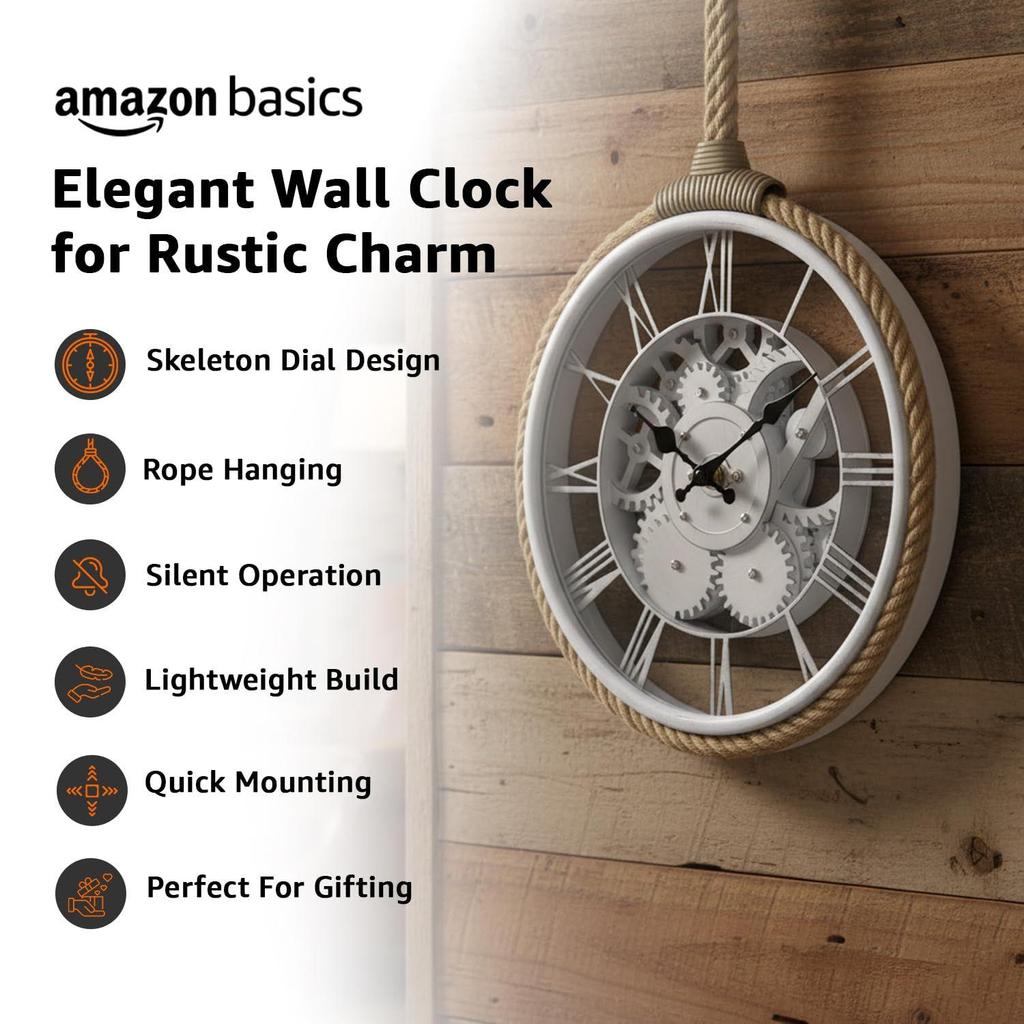 Plastic Wall Clock with Rope for Hanging, Skeleton Dial Design, Lightweight & Durable, 32 cm Diameter x 4.5 cm Width