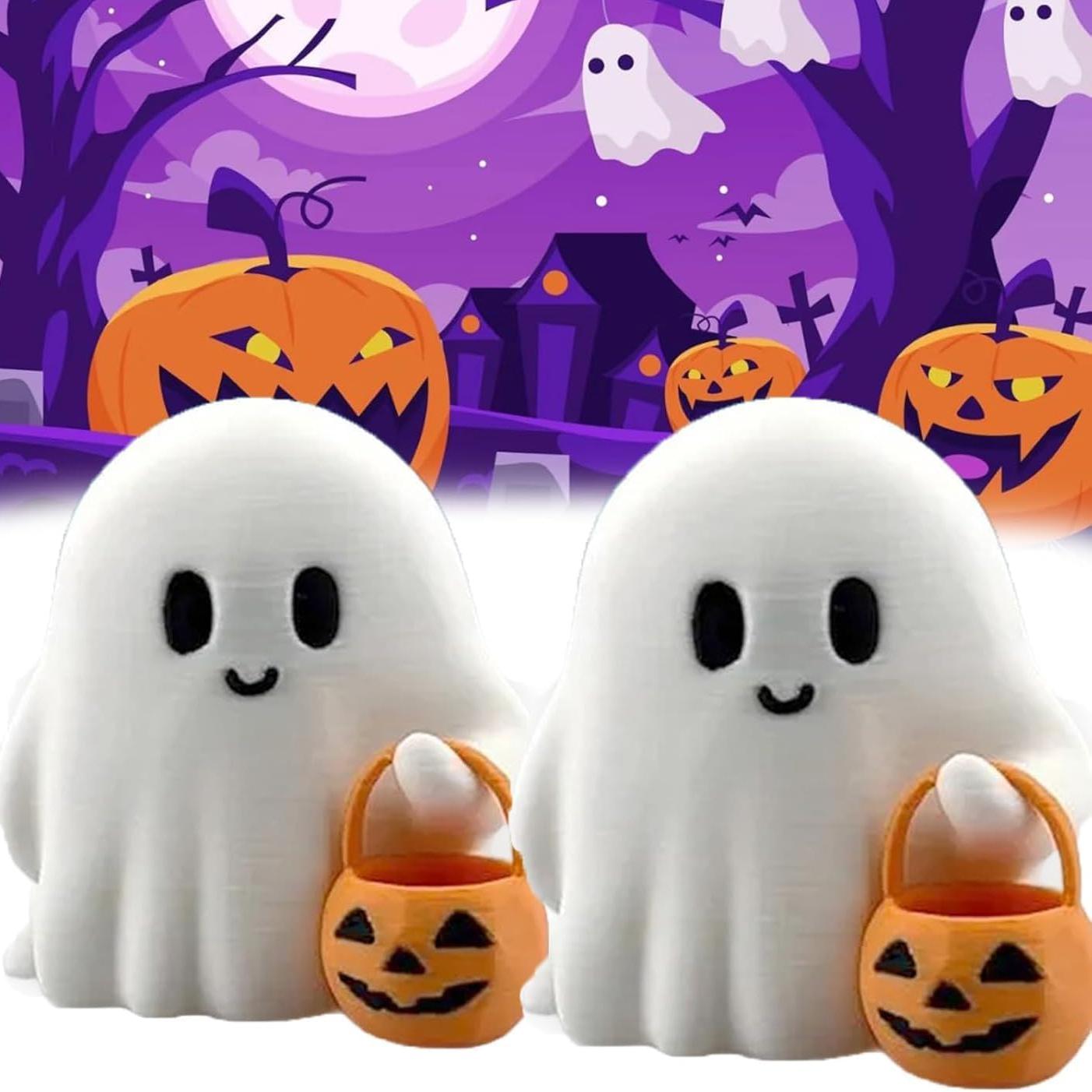 

3D Printing Cute Halloween Treat Ghost Trick Figurine with Mini Pumpkin Bucket, Halloween Decoration for Tabletop Home Decor 2pcs 2pcs