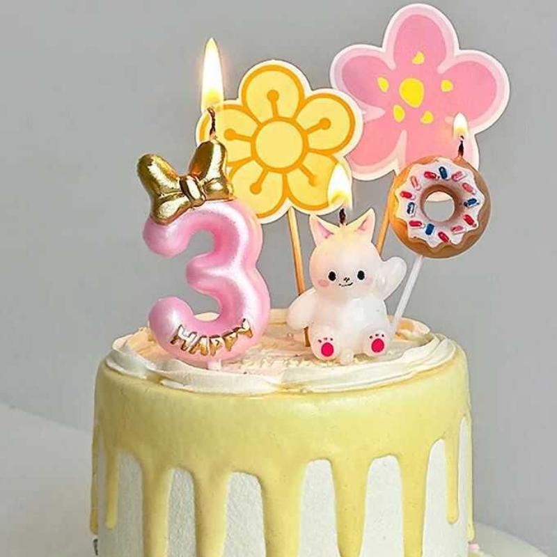 1pc Pink Numbered Birthday Candles Golden Bow Cake Decoration for Children boys Girls Teenage Birthday Baking Decoration Plugins