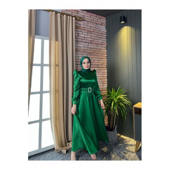 Women's Satin Hijab Evening Dress with Stone Buckle Waist and Flared Skirt