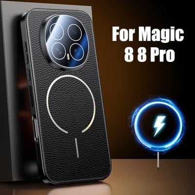 Luksusowa Skóra o Teksturze Liczi High End do Etui Magsafe dla Honor Magic 8 Pro 8 Magnetyczne Bezprzewodowe Ładowanie Ochrona Aparatu Wstrząsoodporne Etui Funda