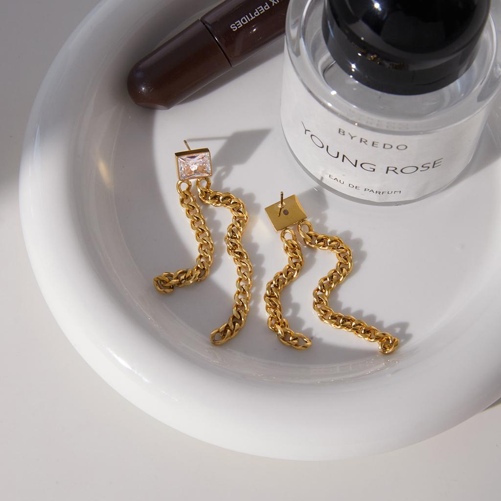 Uworld Classic 18K Plated Gold Color Square Zircon Earrings Women Two Asymmetrical Chain Tassel Earring Stainless Steel Jewelry