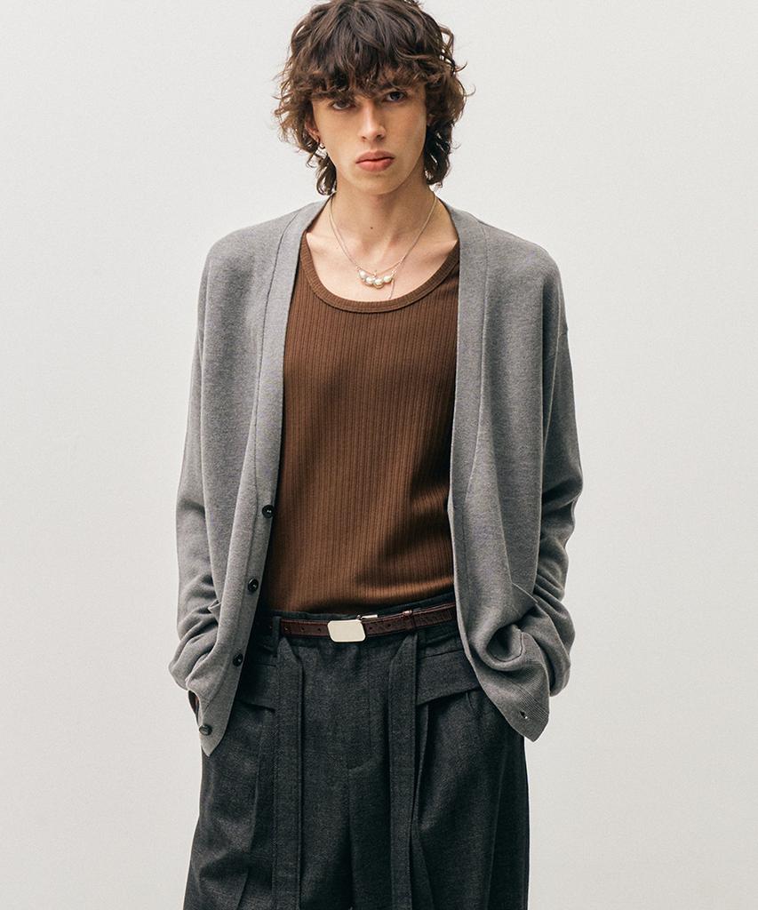 Noirer Essential Loose Fit V-Neck Cardigan (Gray)