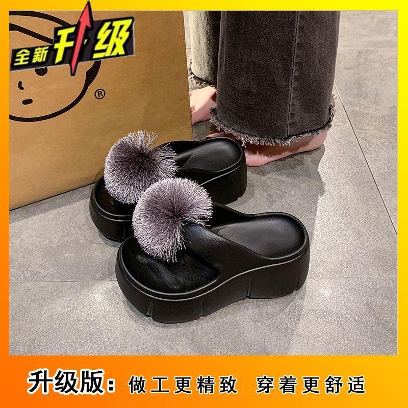 Slippers sandals women's casual breathable toes women's drag muffin sandals flip-flops summer new hairball women's shoes