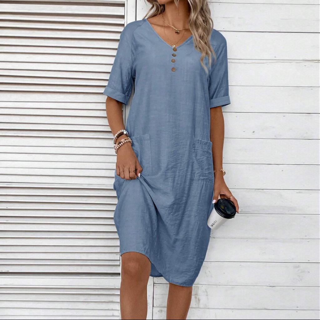 Women's V-Neck Loose Comfortable Short Sleeve Cotton Linen Dress