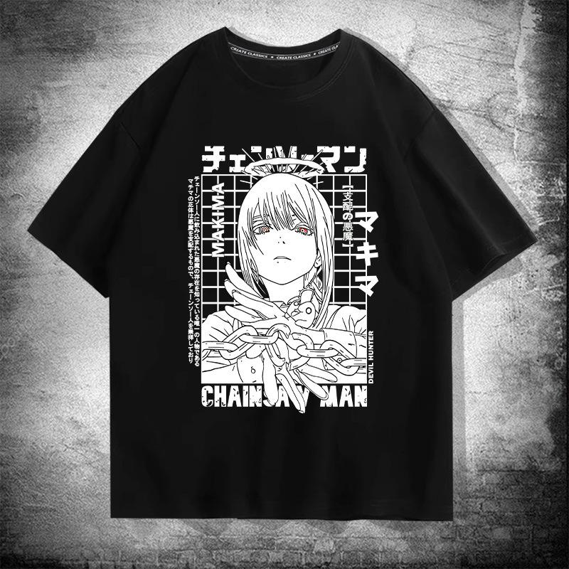 Japanese anime chainsaw man Makima pure cotton short-sleeved men's T-shirt Summer trend brand loose off-the-shoulder half-sleeve