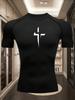 Herren Weiß Kompressions-Kurzarm-T-Shirt Schwarzes stilisierte Kreuz-Grafik Schnelltrocknend Atmungsaktiv Hohe Elastizität Christliches Fitness- und Lauf-Sportoberteil