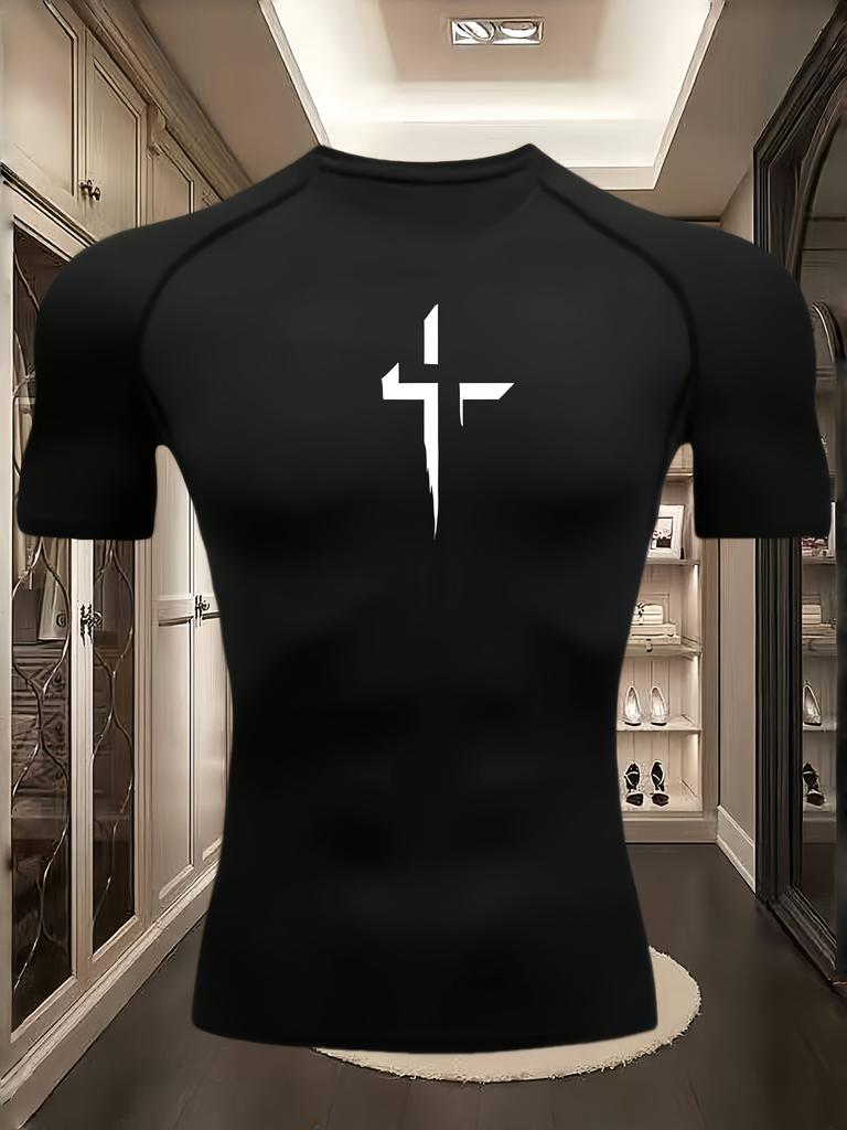 Herren Weiß Kompressions-Kurzarm-T-Shirt Schwarzes stilisierte Kreuz-Grafik Schnelltrocknend Atmungsaktiv Hohe Elastizität Christliches Fitness- und Lauf-Sportoberteil