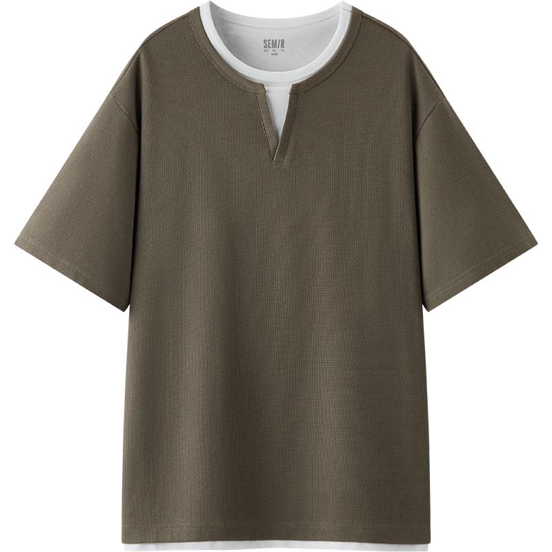 Semir Men's Waffle Knit Color Block Faux Layer Short Sleeve T-Shirt