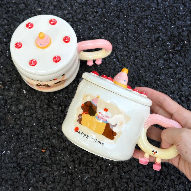 Birthday gift girls creative ceramic mug with lid cute cake student water cup