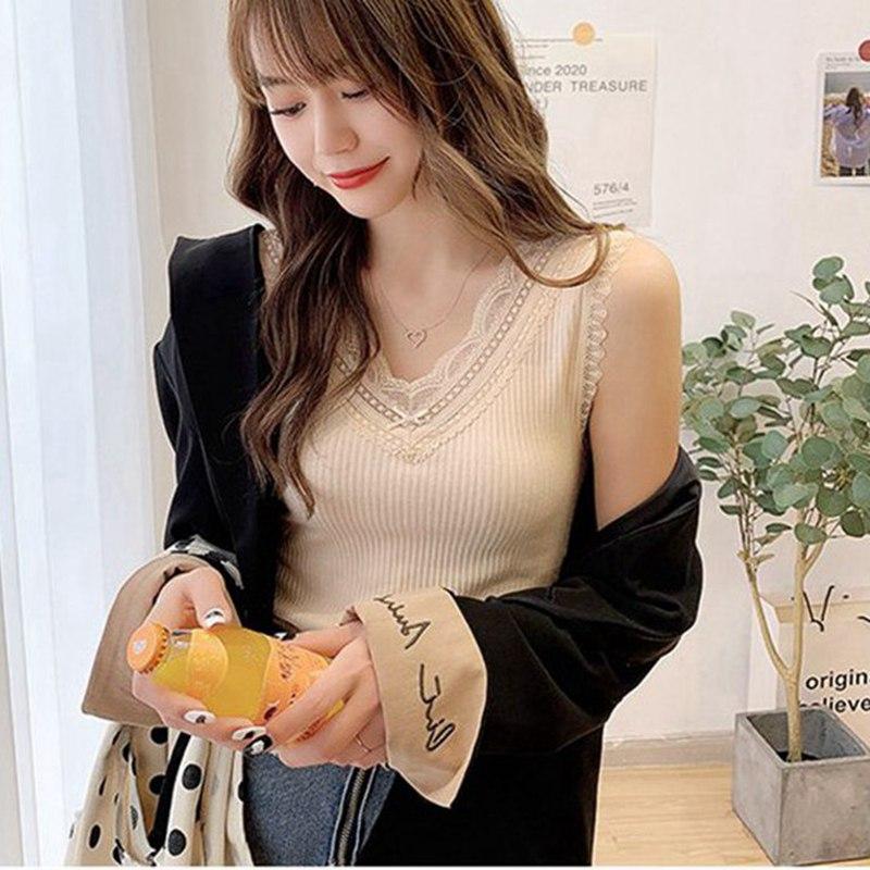 Dámské letní krajka Pletená košilka s výstřihem do V Vesta Bez rukávů Ledová Hedvábná Slim Spodní košile Jednobarevná Svrchní oblečení