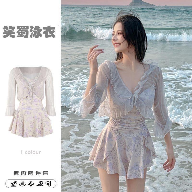 New One-piece Cover-up Dressh V-neck Slim Conservative Floral Print Hot Spring Vacation Swimwear Two-piece Two-piece Set