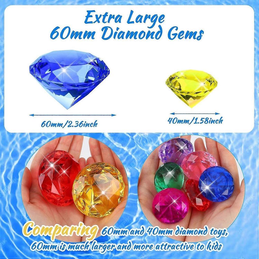 Extra Große Tauch Edelstein Poolspielzeug, 60MM Extra Großer Acryl Diamant Bunt Piraten Schatz Tauch Edelsteine für Sommer Schwimmparty Mitgebsel, 5 Stück Zufällige Co
