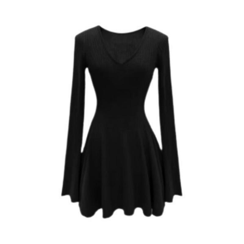 Rochie Mini Tricotată Elegantă de Toamnă Iarnă cu Gât în V, Mânecă Lungă, Potrivită cu Orice, cu Fund, Robă Vestidos