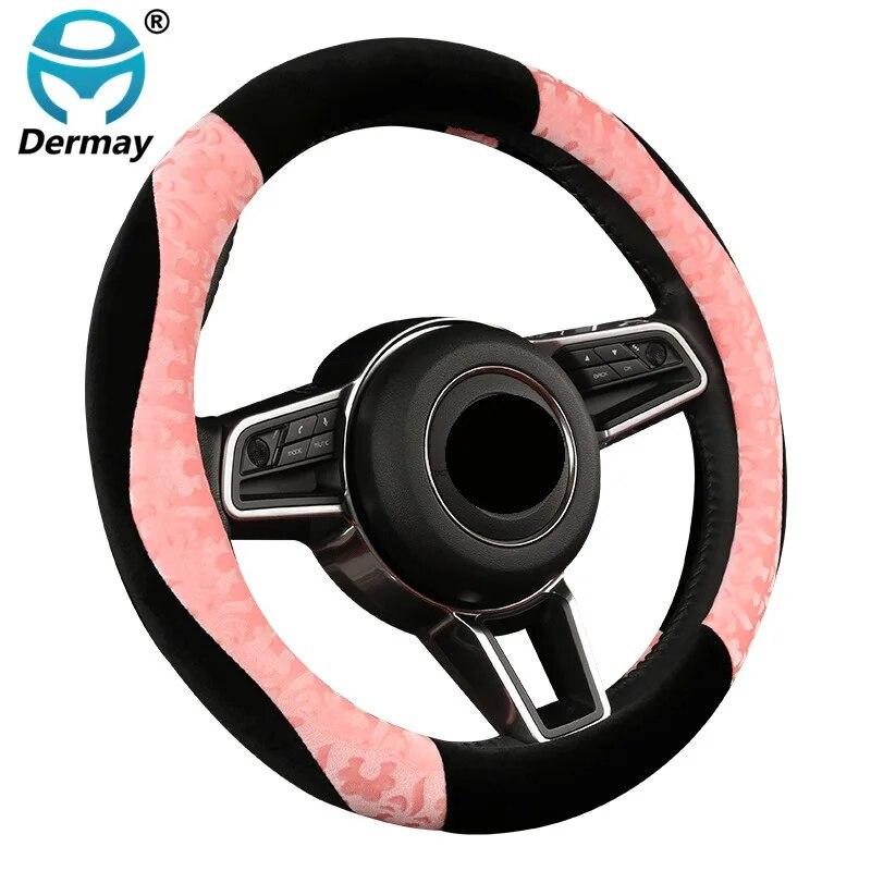 

Новый зимний чехол на руль автомобиля, мягкий плюш, толстый дизайн с тиснением, размер M, подходит для стандартного рулевого колеса, нескользящий розовый