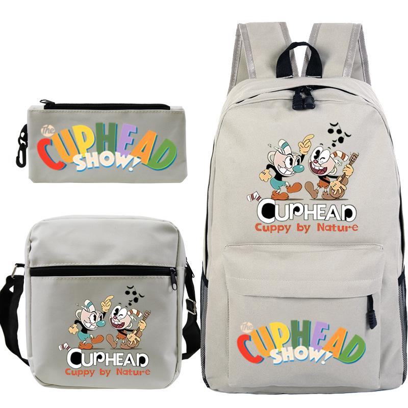 Cartoon Teacup Head Cuphead Student Backpack Oblique Span Bag Pencil Bag Primary And Secondary School Students Children'S Schoolbag Three-Piece Set
