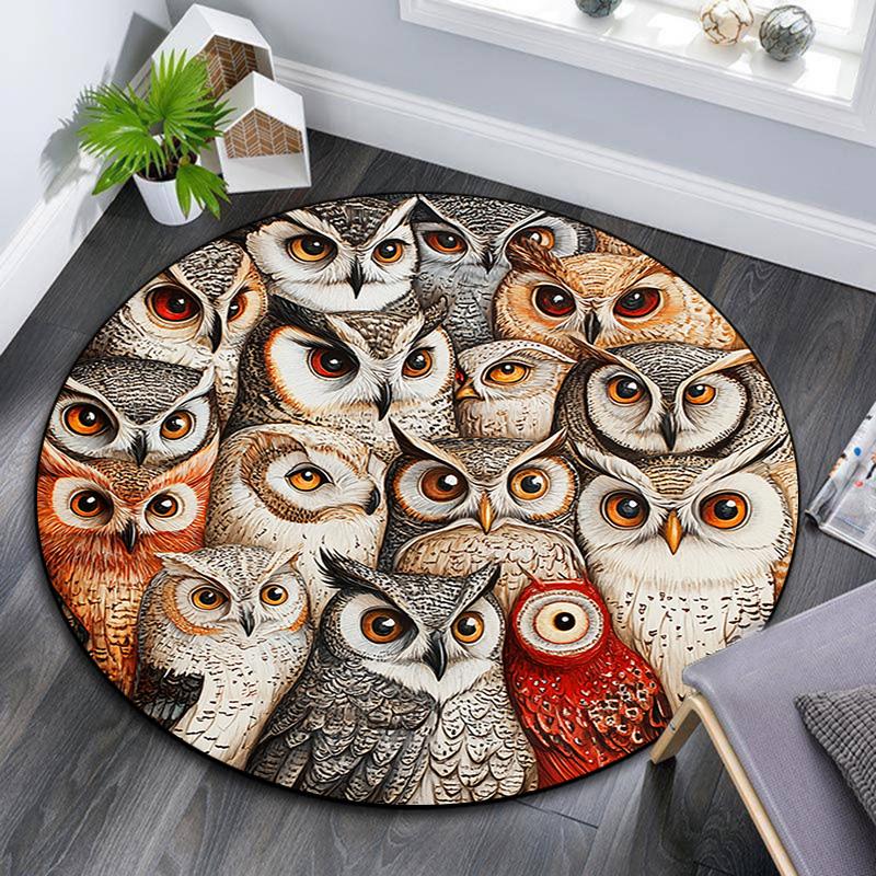 Owl Collage Round Area Rug,Carpet Rug for Living Room Bedroom Sofa Playroom Decor,Non-slip Floor Mat