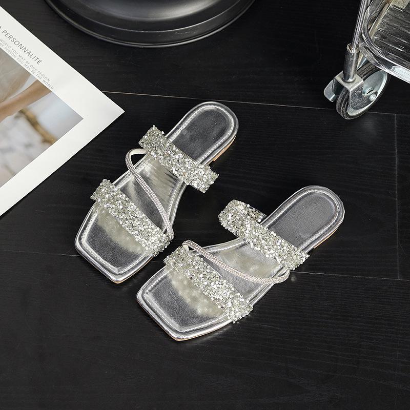 2026 European & American Style Silver Rhinestone Square Toe Women s Summer Flat Slides 35 серебряный