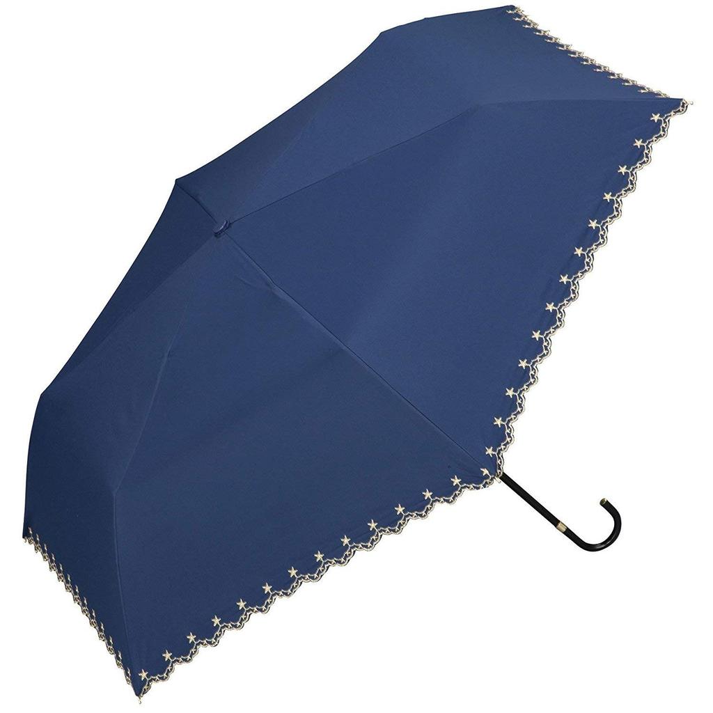 Folding Parasol with Star Pattern Scallop Full UV Suitable for Sun and Model [2022] Wpc. Women's Pattern, Navy, 50cm, Blackout, 100% Protection, Rain,