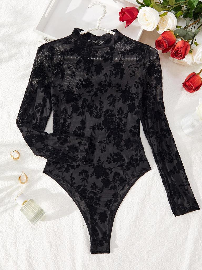Spicy Mesh Flocking Transparent Bodysuit