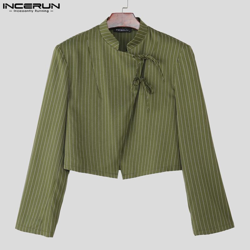 INCERUN Men Stand Neck Long Sleeve Striped Side Bandage Cropped Short Shirts