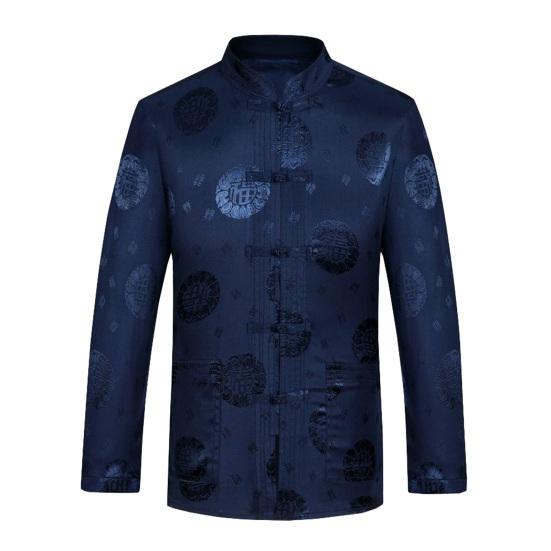 

Мужской топ в китайском стиле с воротником-стойкой, однобортный сплошной цвет с карманами с принтом и длинным рукавом, рубашка для пожилых людей среднего возраста, традиционная рубашка для вечеринки по случаю дня рождения 4XL синий